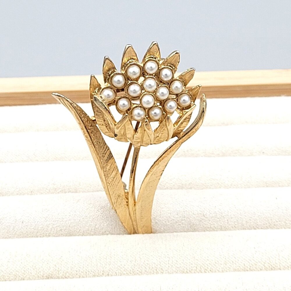 Gold Tone Floral Brooch Pin Simulated Pearl Cluster With Leaves MCM 2 1/2 in L